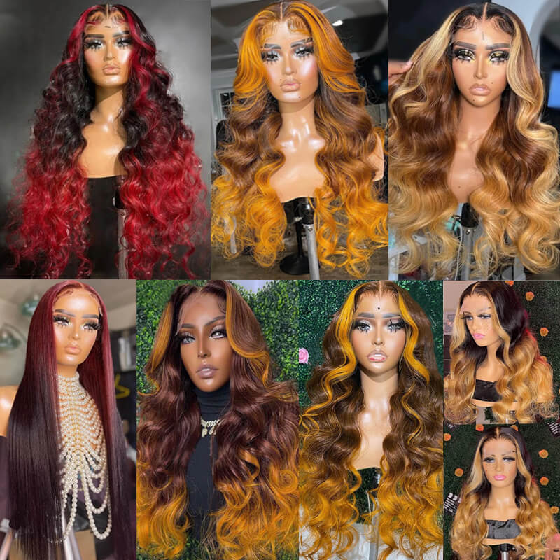 TikTok Hot Ombre Highights Wig | eullair Brown Ginger Red Blue Human Hair Lace Frontal Wig