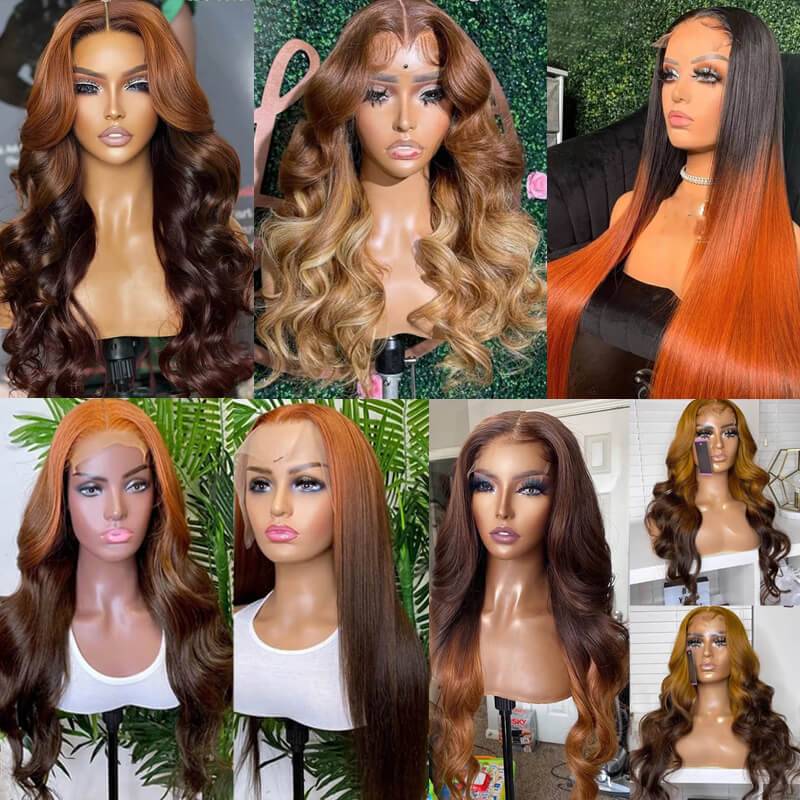 Celebrity Hairstyle | eullair Ombre Brown Ginger Body Wave/ Straight Human Hair Lace Frontal Wig