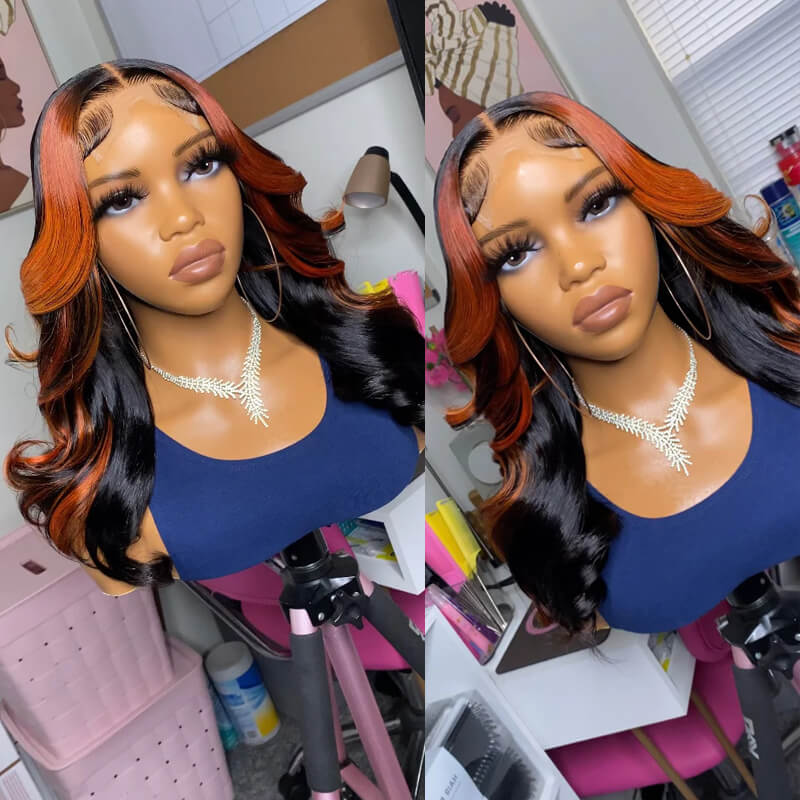 eullair Ginger Orange Skunk Stripe Body Wave Human Hair Wig Piano Color Highlight Lace Frontal Wig