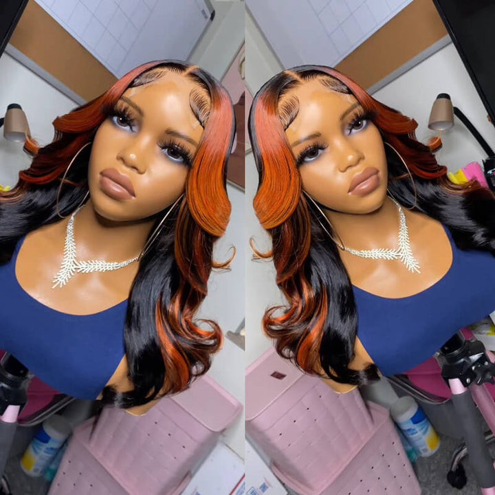 eullair Ginger Orange Skunk Stripe Body Wave Human Hair Wig Piano Color Highlight Lace Frontal Wig