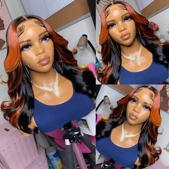 eullair Ginger Orange Skunk Stripe Body Wave Human Hair Wig Piano Color Highlight Lace Frontal Wig