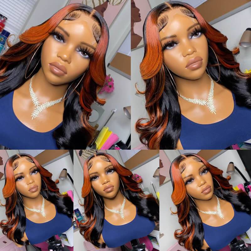 eullair Ginger Orange Skunk Stripe Body Wave Human Hair Wig Piano Color Highlight Lace Frontal Wig
