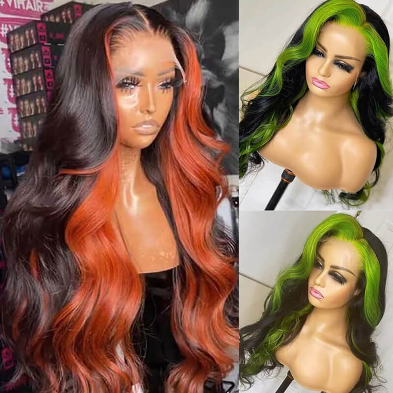 Inner Green Orange Color ! eullair Highlight Body Wave Lace Frontal Human Hair Wig