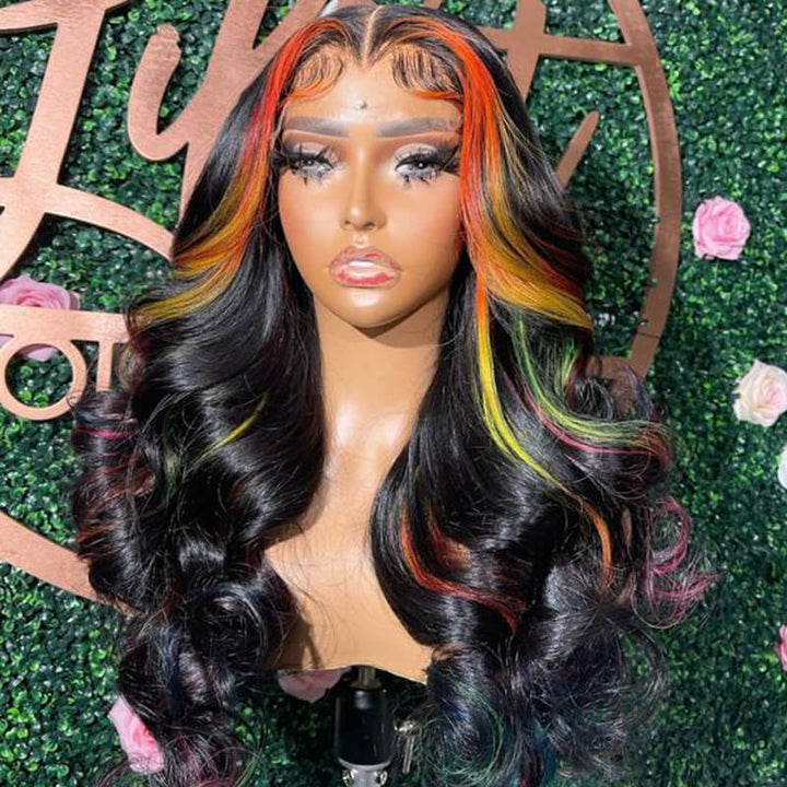eullair Multi Colored Peakaboo Highlights Straight Human Hair Wig Pink Purple Blue Green Body Wave Lace Frontal Wigs Pre Plucked 180%
