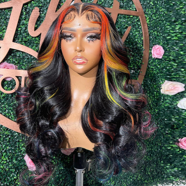 eullair Multi Colored Peakaboo Highlights Straight Human Hair Wig Pink Purple Blue Green Body Wave Lace Frontal Wigs Pre Plucked 180%
