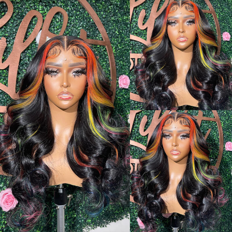 eullair Multi Colored Peakaboo Highlights Straight Human Hair Wig Pink Purple Blue Green Body Wave Lace Frontal Wigs Pre Plucked 180%