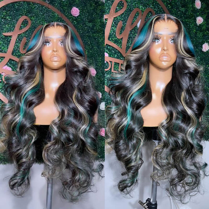 eullair Black with Red and Blonde Body Wave Wig Blue Orange Highlights 3 Colors Balayage Straight Lace Frontal Wig