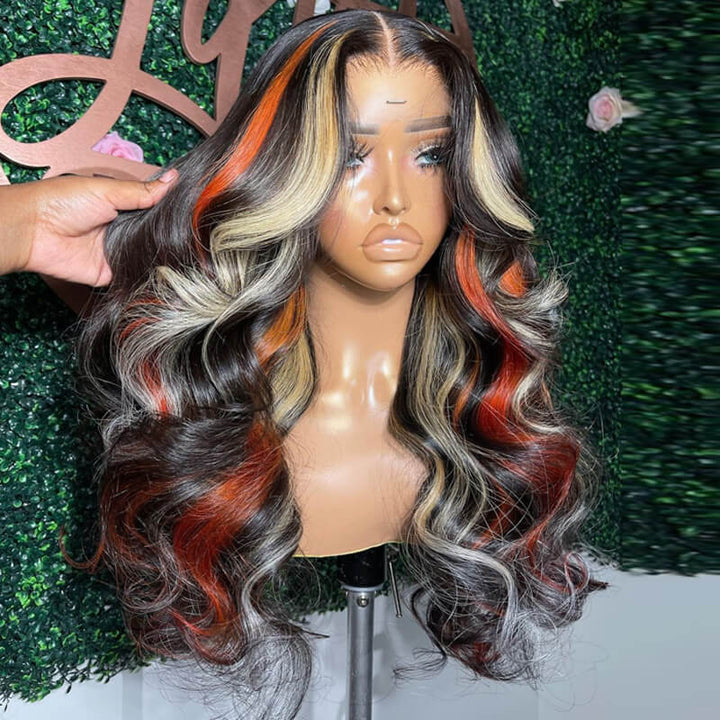 eullair Black with Red and Blonde Body Wave Wig Blue Orange Highlights 3 Colors Balayage Straight Lace Frontal Wig