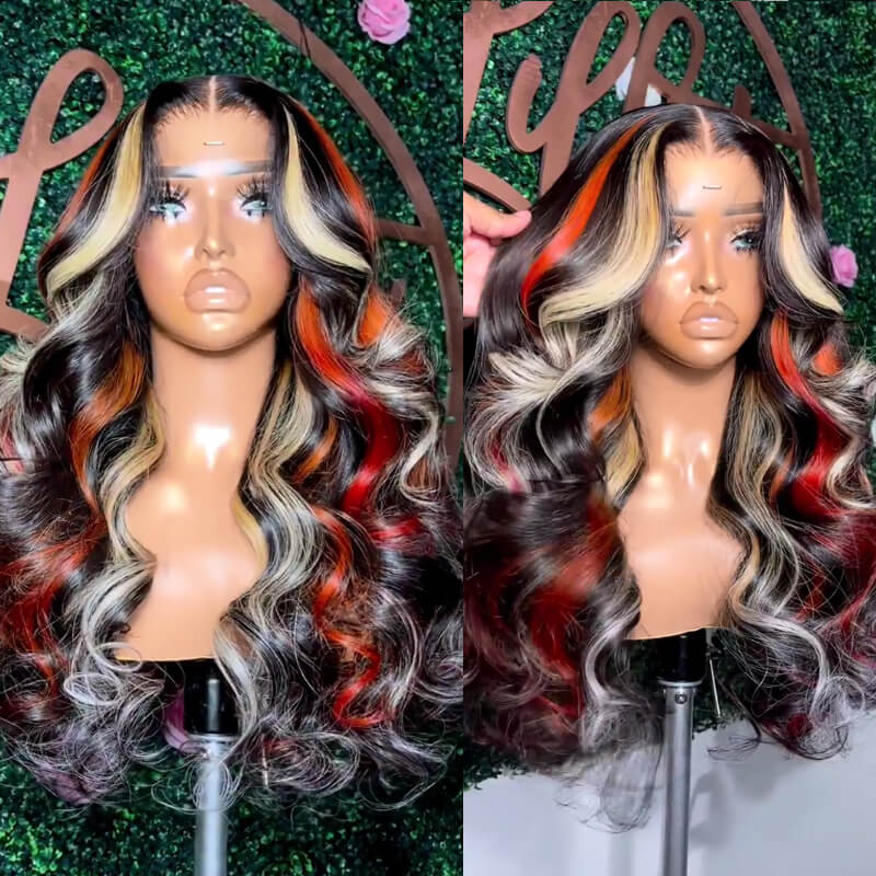 eullair Black with Red and Blonde Body Wave Wig Blue Orange Highlights 3 Colors Balayage Straight Lace Frontal Wig