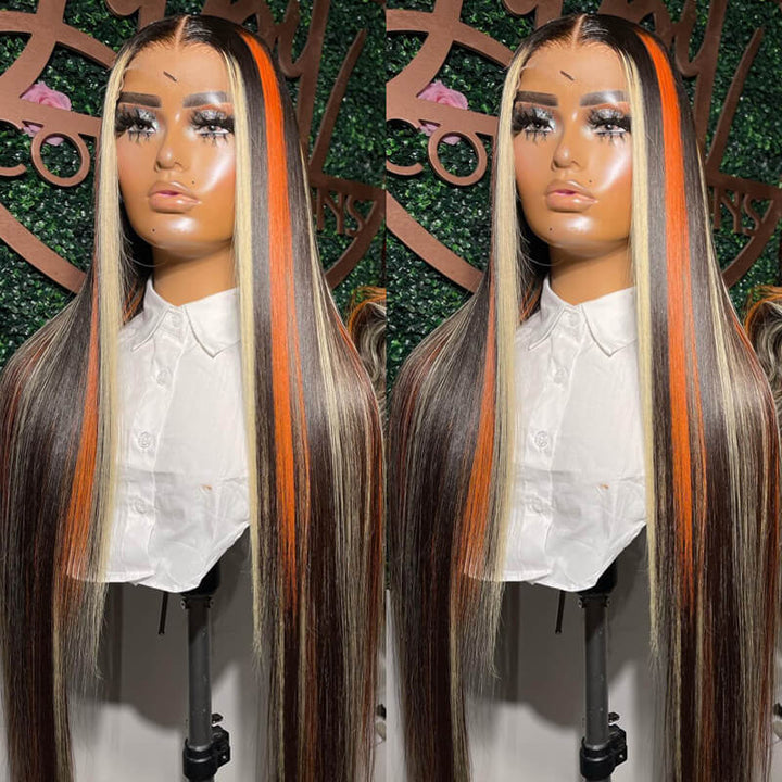 eullair Black with Red and Blonde Body Wave Wig Blue Orange Highlights 3 Colors Balayage Straight Lace Frontal Wig