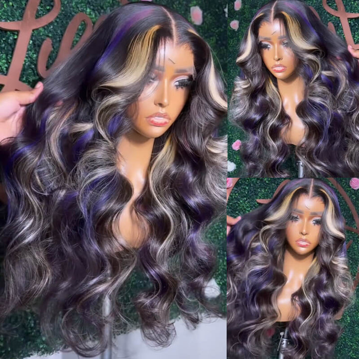 eullair Black with Red and Blonde Body Wave Wig Blue Orange Highlights 3 Colors Balayage Straight Lace Frontal Wig