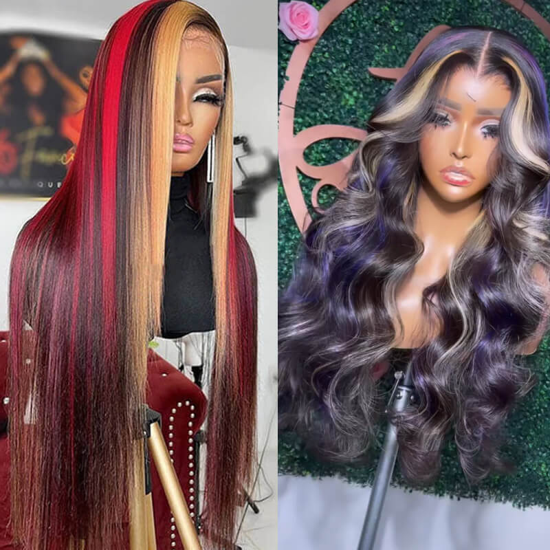 eullair Black with Red and Blonde Body Wave Wig Blue Orange Highlights 3 Colors Balayage Straight Lace Frontal Wig