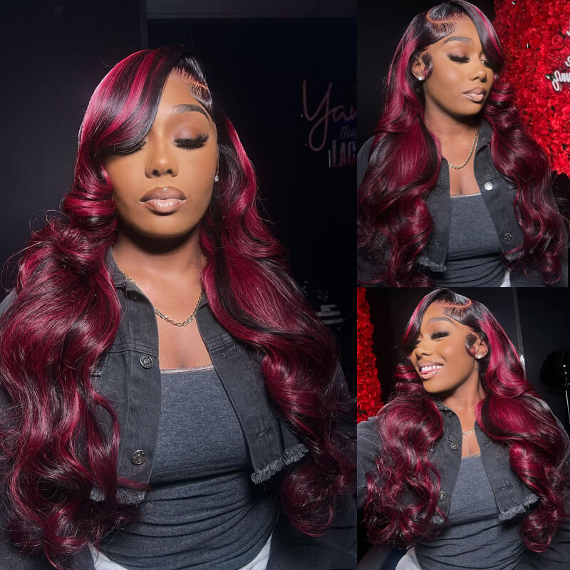 Piano Color Peakboo Highlights! eullair Body Wave Balayage Highlights Green/Pink/Red/Blue/Orange Lace Frontal Wig