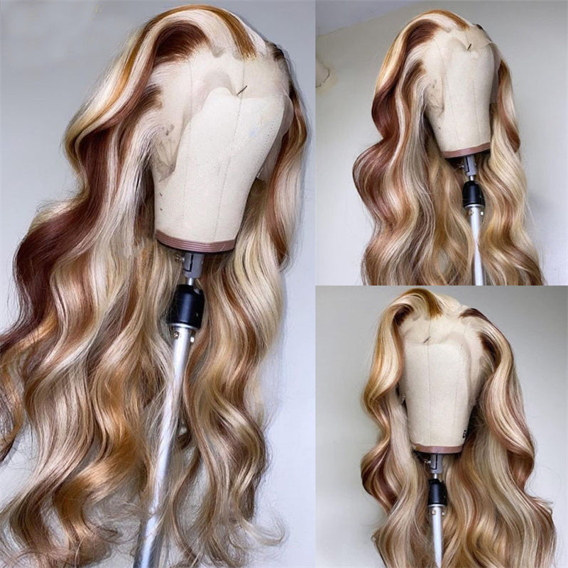 eullair P8/613 Piano Hightlights Body Wave 13×4 Lace Frontal Wig Brown with Blonde Highlights Straight Human Hair Wig