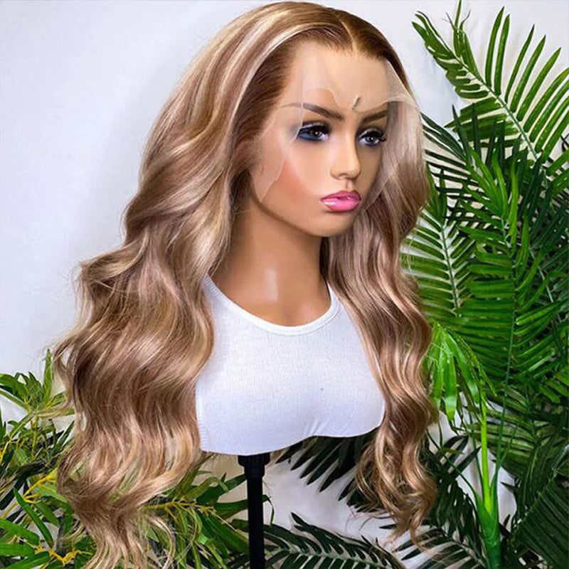eullair P8/613 Piano Hightlights Body Wave 13×4 Lace Frontal Wig Brown with Blonde Highlights Straight Human Hair Wig