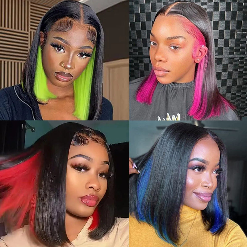 eullair Peakaboo Highlights Colored Short BOB Wig Innenr Red/Pink/Blue/Green/Blonde Straight Human Hair Lace Frontal Wig