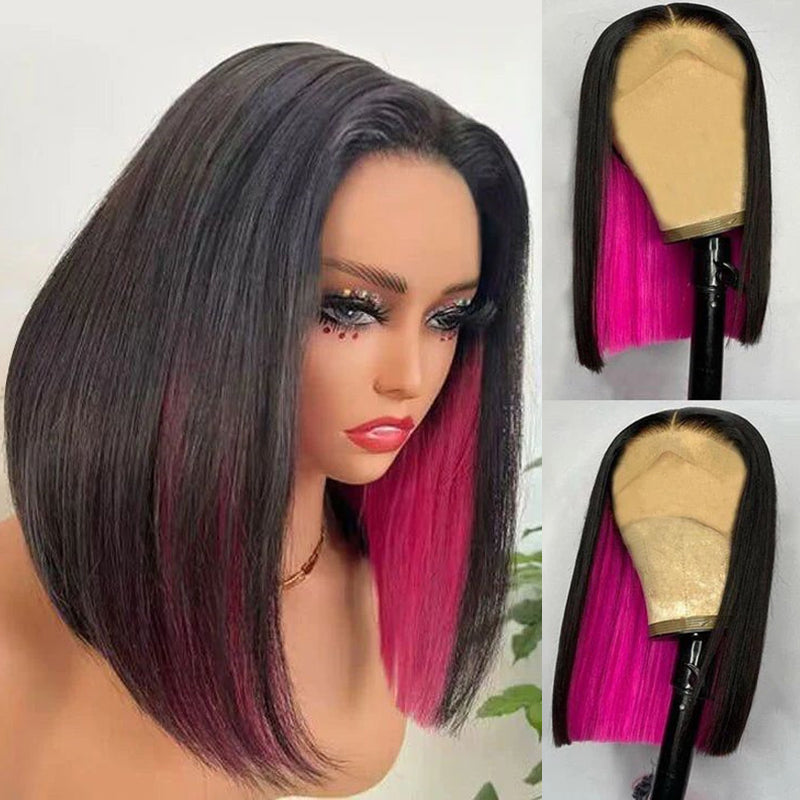 eullair Peakaboo Highlights Colored Short BOB Wig Innenr Red/Pink/Blue/Green/Blonde Straight Human Hair Lace Frontal Wig