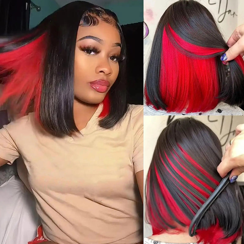 eullair Peakaboo Highlights Colored Short BOB Wig Innenr Red/Pink/Blue/Green/Blonde Straight Human Hair Lace Frontal Wig