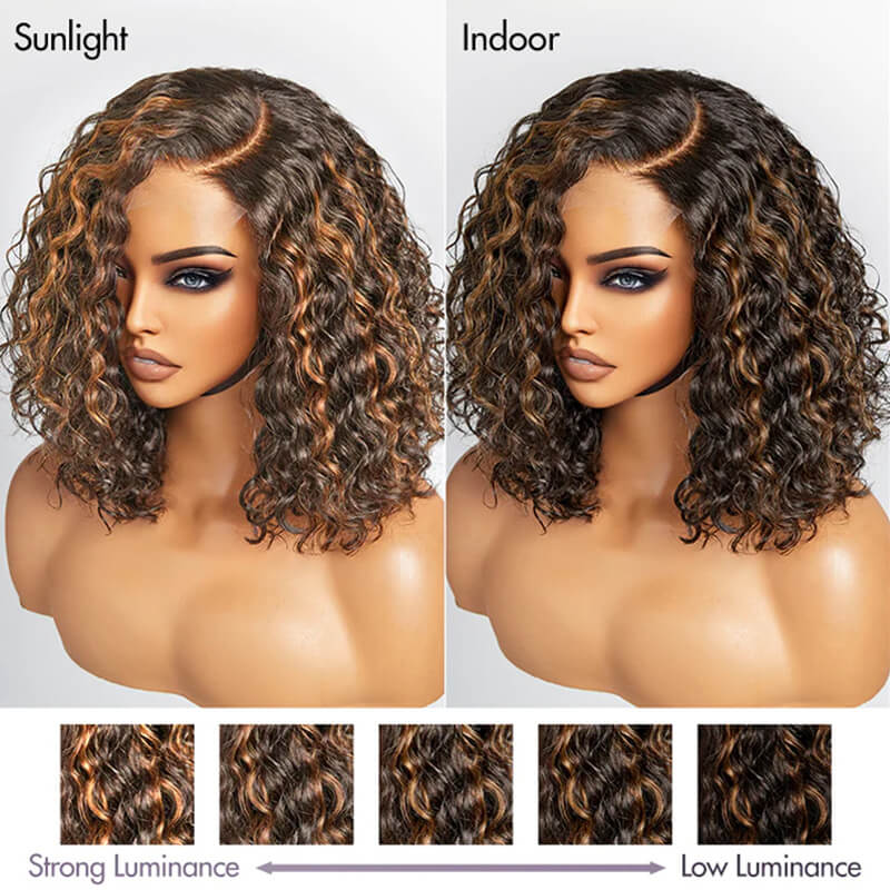 eullair Classic and Chic Brown Highlights Curly BOB Wig Wear Go Glueless Short 100% Human Hair Pre Cut Lace Wig
