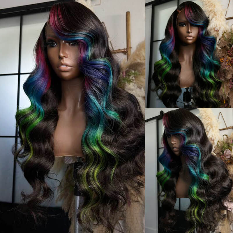 eullair Multi Colored Peakaboo Highlights Straight Human Hair Wig Pink Purple Blue Green Body Wave Lace Frontal Wigs Pre Plucked 180%