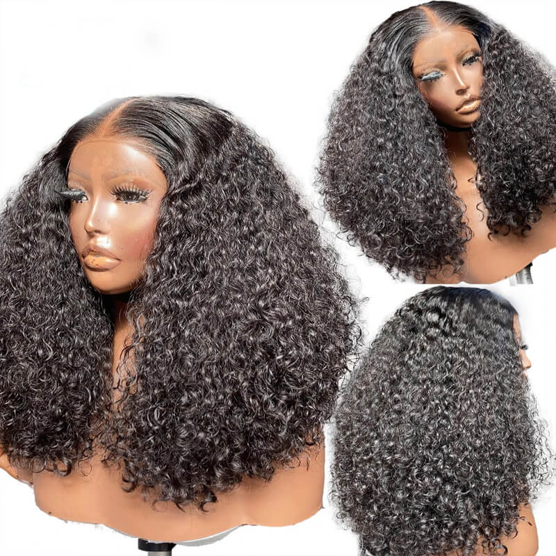 eullair Super Double Drawn Pixie Curly Human Hair 13x4 Lace Frontal Wig Full Ends Pre Plucked 250% Density