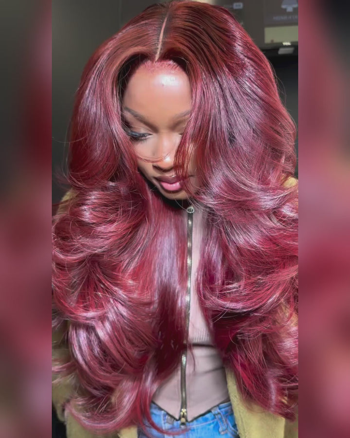 eullair Cranberry Red 13x4 Lace Wig with Layered Curtain Bangs Long Wavy 250% Density