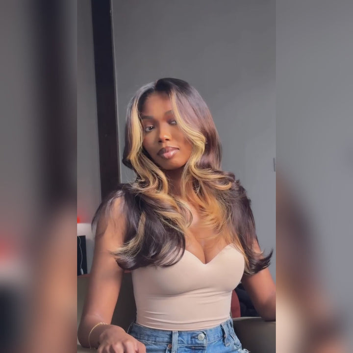 eullair Honey Blonde Skunk Stripe Colored Wig Body Wave 9x6 Deep Parting Glueless Wigs 250% Density