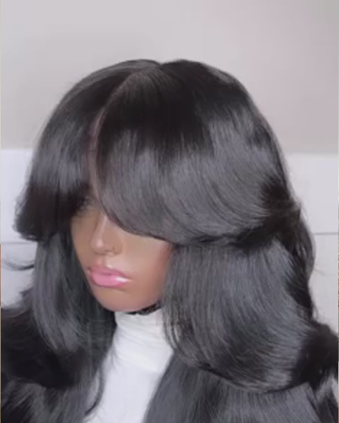 TikTok Inspired Layered Cut Wavy With Butterfly Curtain Bangs eullair Blow Out Body Wave Pre Cut Lace Human Hair Wig