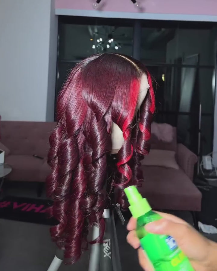 eullair Burgundy with Red Highlight Body Wave Wig Lace Frontal Human Hair Wig Transparent Lace