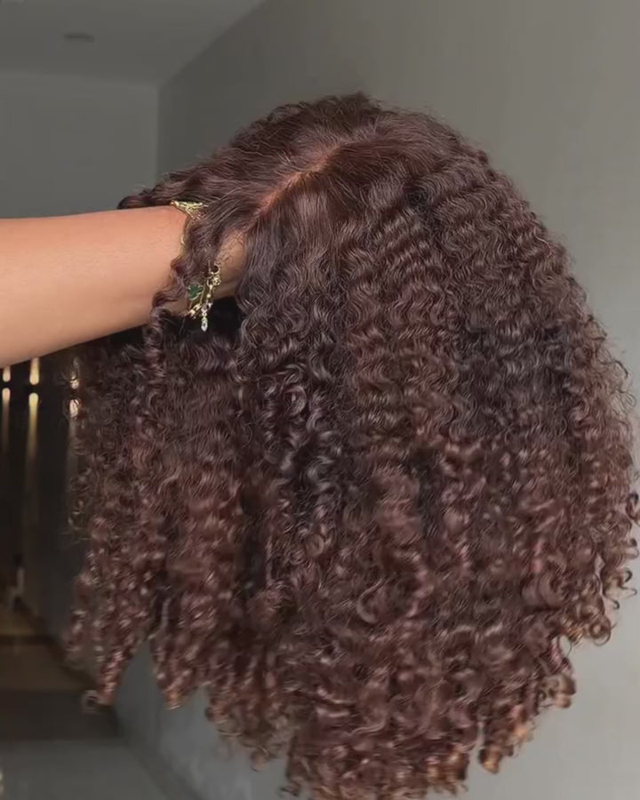 eullair #4 Brown Color Small Burmese Curly 4x6 13x4 Lace Glueless Wig with Finger Coil Ends Put On & Go Human Hair Wig