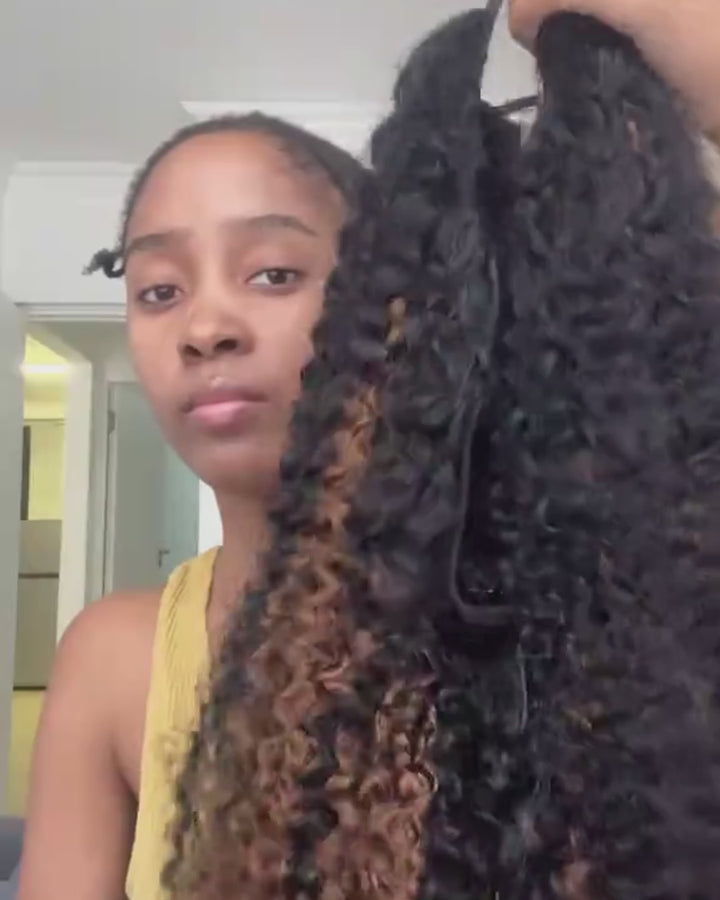 eullair Brown Highlight Kinky Curly V Part Wig Soft Full Volume Human Hair Easy Natural Blend Beginner Friendly Wigs