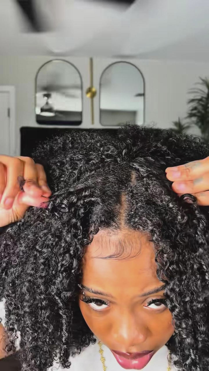 eullair No Leave Out No Gel Kinky Curly 3C-4A V Part Wig With Elastic Drawstring Human Hair Wig Beginner Friendly
