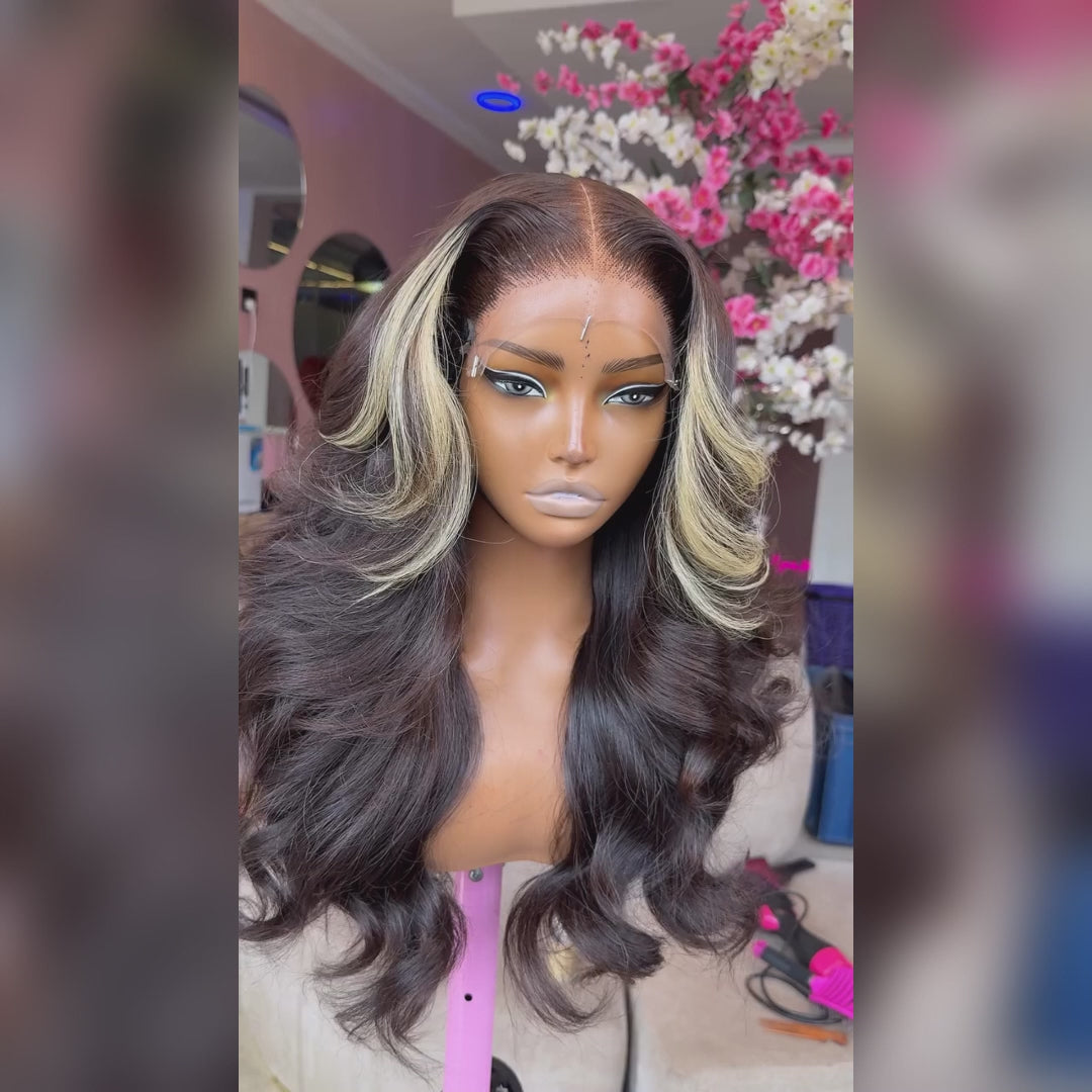 eullair Skunk Stripe Wig with Blonde Highlights Body Wave 13x4 Lace Front Human Hair Wigs