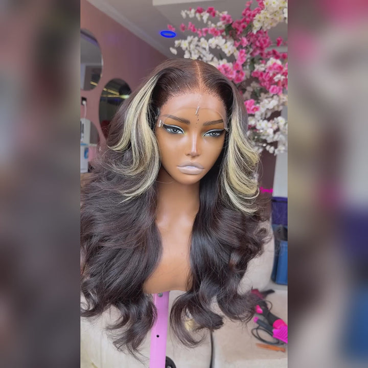 eullair Skunk Stripe Wig with Blonde Highlights Body Wave 13x4 Lace Front Human Hair Wigs