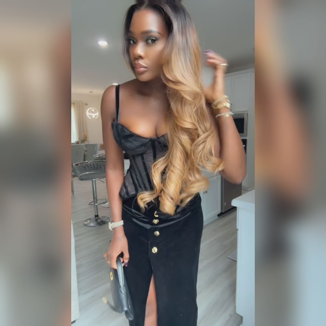 eullair Glueless Dark Root Ombre Ash Honey Blonde Human Hair Wig Skunk Stripe Lace Frontal Wig