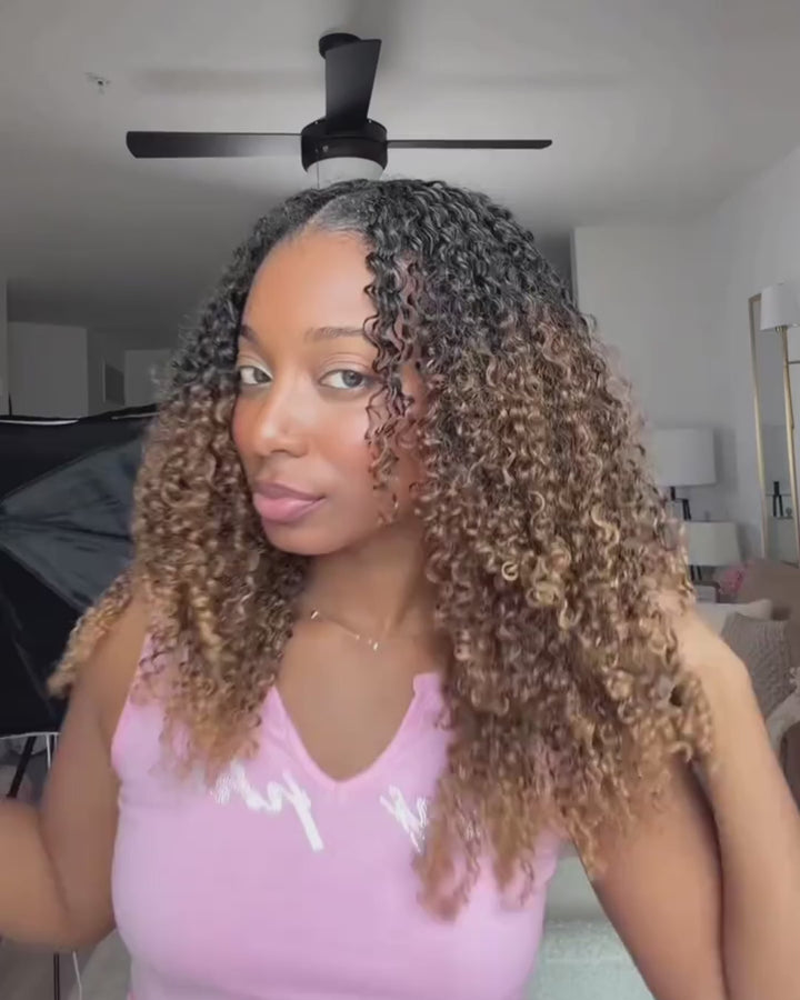 eullair Ombre #T1B/30/27 V Part Wigs Small Kinky Curly Machine Made  No Leave Out Human Hair Wig