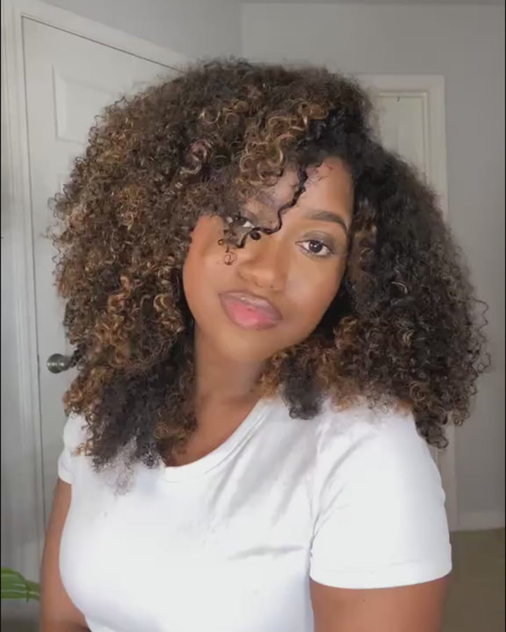 eullair 1B/30 Highlight Kinky Curly V Part Wig Soft Full Volume Human Hair Easy Natural Blend Beginner Friendly Wigs