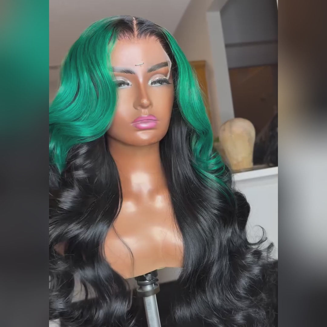 eullair Ombre Dark Green Black Body Wave Lace Frontal Wig With 1b Roots Pre Colored Two Tones Human Hair Lace Wigs For Women ( EW013 )