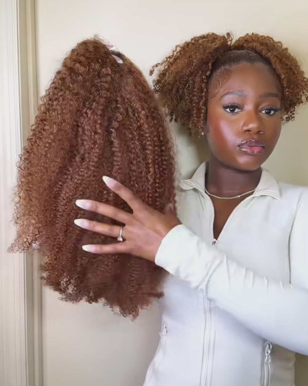 eullair Reddish Brown Kinky Curly 3C-4A V Part Wig Soft Full Volume Human Hair Easy Natural Blend