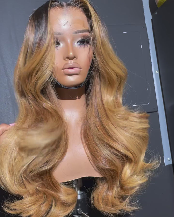 eullair Honey Blonde Highlights Body Wave Wig 13x4 Full Lace Frontal Glueless Wigs Pre Plucked 250% Density