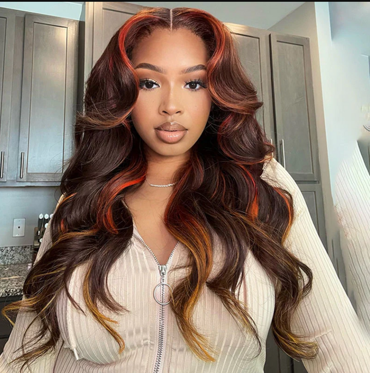eullair Multi Colored Lace Front Wig Brown with Mixed Orange Yellow Human Hair Wig Body Wave Glueless Wig( EW009 )