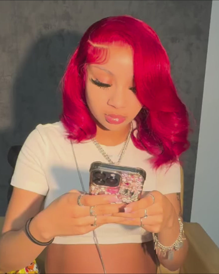 eullair $99 Short Styled Layered Cut Red Wavy BOB Wigs 13x4 Lace Frontal Human Hair Wig For Women