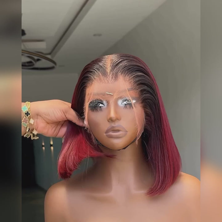 eullair Custom Colored 1B Ombre Bob Straight Wig Widows Peak Hairline 13x6 Skin Melt Lace Frontal Wig