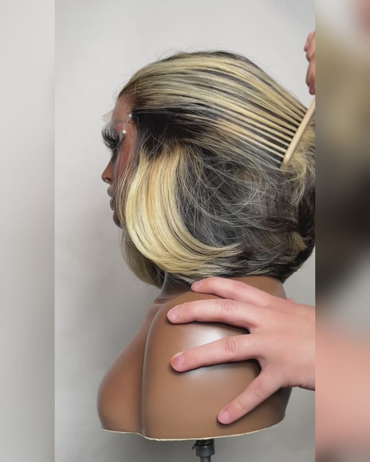 eullair Blonde Highlight Color Layer Bob Wigs Natural 13x4 Lace Frontal Human Hair Wigs 250% Density