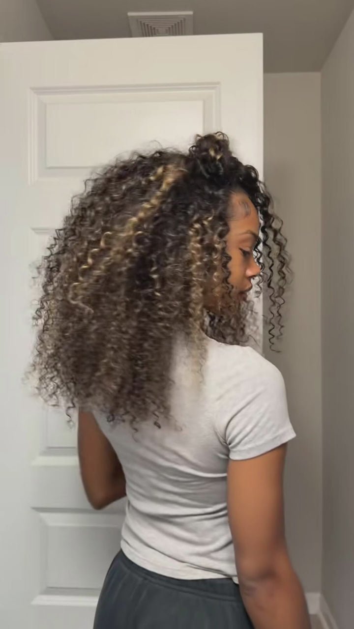 eullair Highlight Curly Drawstring Half Wig 3 in 1 Human Hair Adjustable Natural Blend