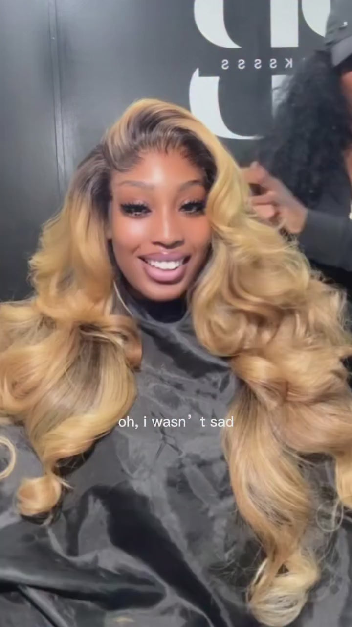 eullair Natural Black Root Ombre Honey Blonde Long Wavy Glueless Human Hair 13x4 Lace Frontal Wig