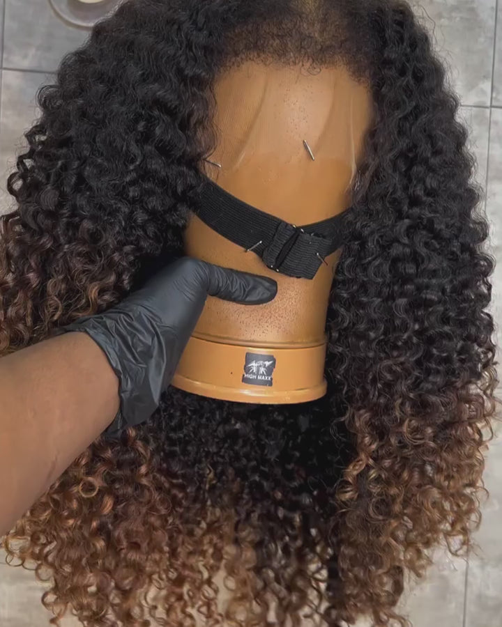 Eullair 360 Lace Wig - Ombre Brown 4C Kinky Curly Hair - Glueless Invisi-Strap Snug Fit & Pre-Plucked Natural Hairline