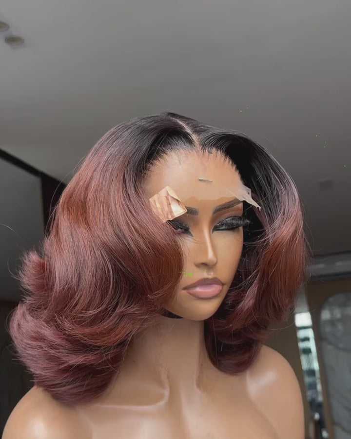 eullair Copper Brown Layered Bob Wig 13x4 Lace Frontal Body Wave Human Hair Wig With Black Roots