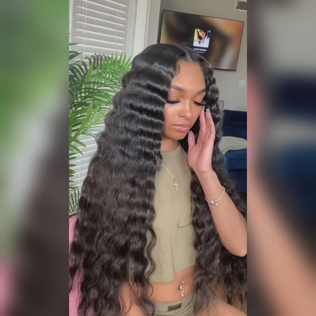 eullair Crimped Wigs Parting Max 9x6 Big Deep Wave Lace Front Human Hair Wigs Pre Cut Wear Go Glueless Wigs