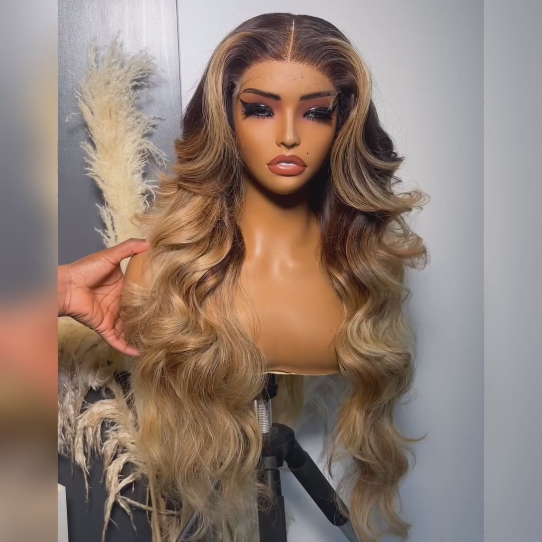 eullair Glueless Dark Root Ombre Ash Honey Blonde Human Hair Wig Skunk Stripe Lace Frontal Wig
